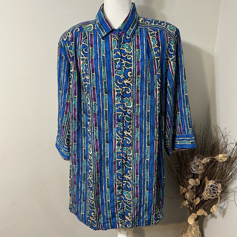 VTG 90s MC Woman Button Up Blouse Top Blue Striped Paisley 3/4 Sleeve Sz 3X USA